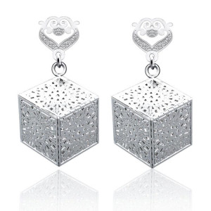 Cube Shaped Sterling Silver Earrings With Hollow Decoration