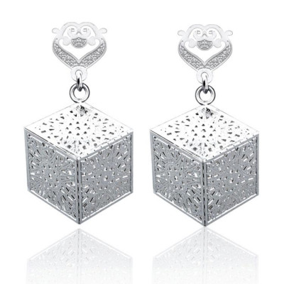 Cube Shaped Sterling Silver Earrings With Hollow Decoration