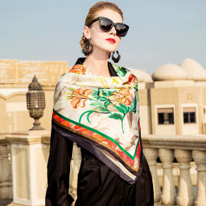 Women Scarf Flower print Mulberry silk Scarf PKHAW004