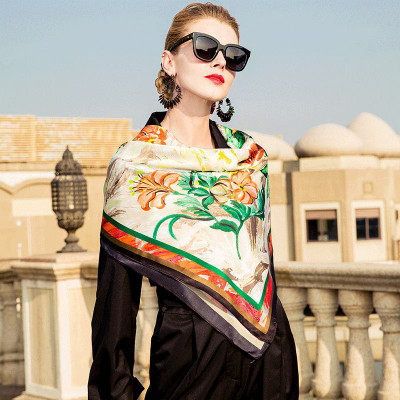 Women Scarf Flower print Mulberry silk Scarf PKHAW004