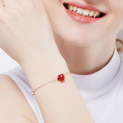 Red Rose Rhinestone Silver Bracelet Chain