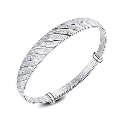 Adjustable Silver Bracelet With Beautiful Carving on Surface